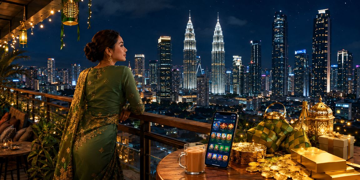 Suasana Hari Raya dengan pemain mengakses kasino dalam talian di Kuala Lumpur melalui mudah alih